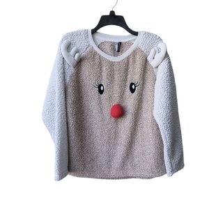 Jaclyn Intimates Festive Christmas Reindeer Cozy Fuzzy Fleece Sweatshirt M